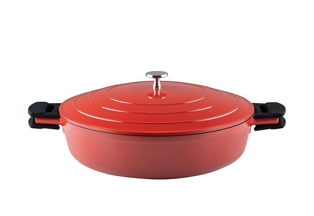 A red cast iron casserole dish with a lid and handles, shown from the front on a white background.