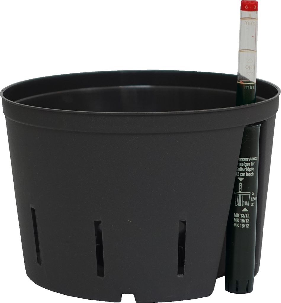 A black plastic planter pot with a water level indicator tube inserted.