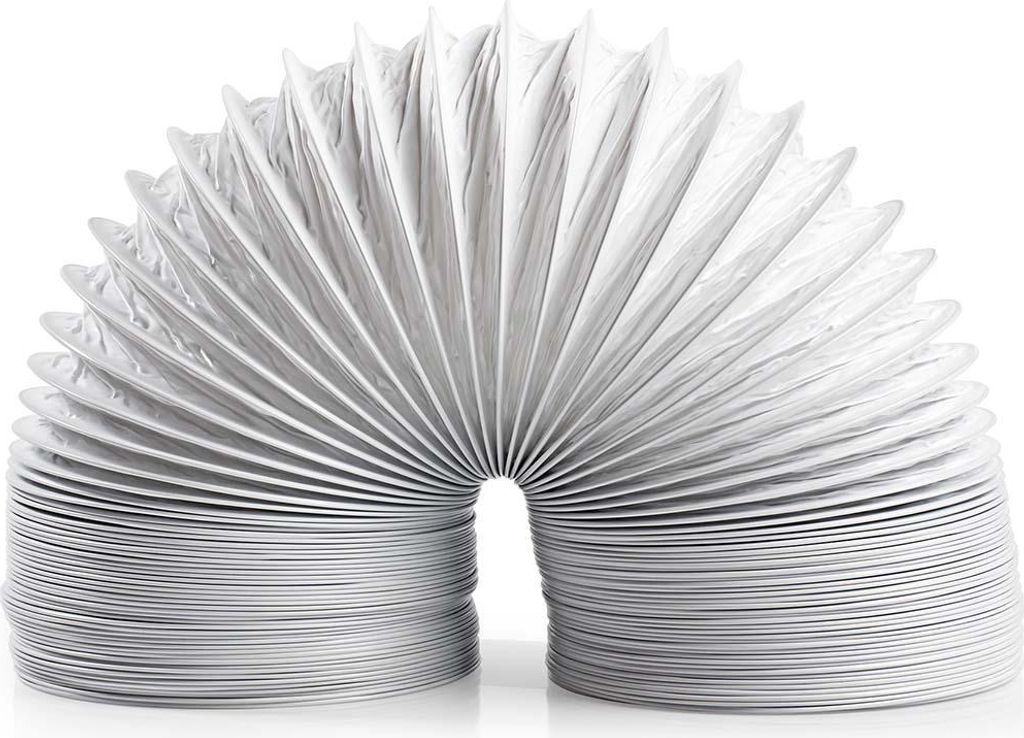 A flexible white air vent hose is bent into a U-shape against a white background.