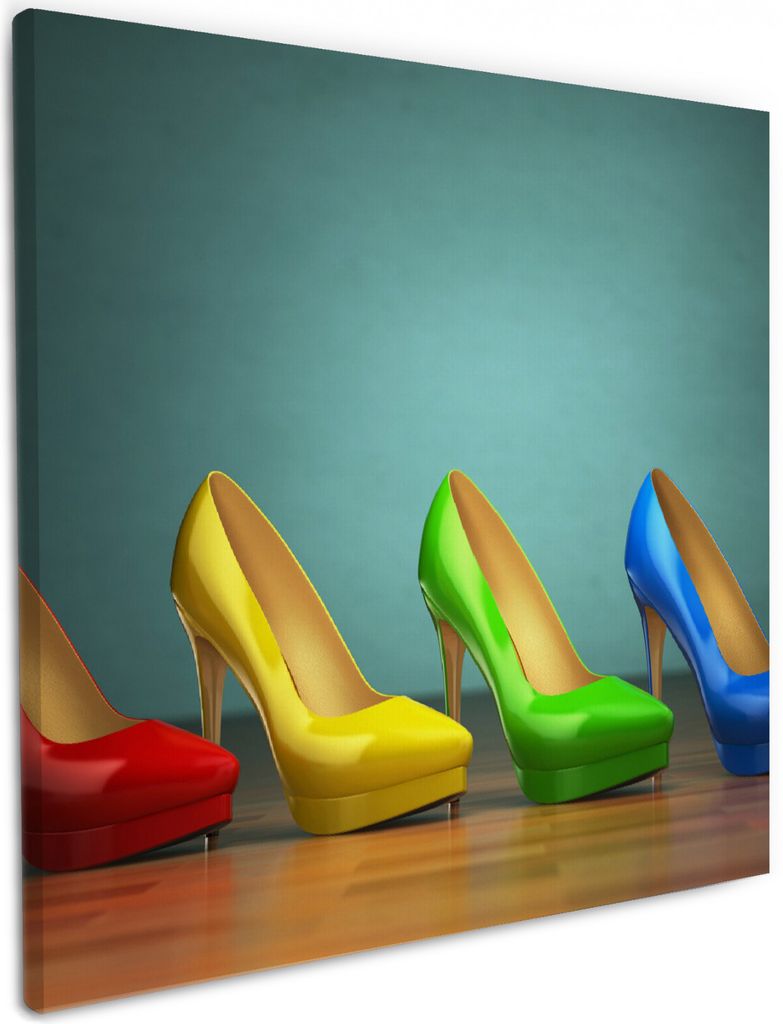 Wallario Premium Leinwandbild Bunte Schuhe - High Heels für Frauen in Größe 50 x 50 cm