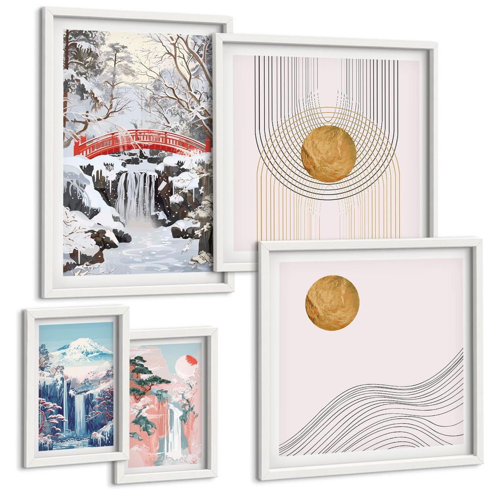Bilder Set 5-teilig im Goldrahmen Rahmen – Wandbilder 5 Stück – gerahmte Poster für Wohnzimmer, Schlafzimmer und Flur – 50x50 cm - 40x60 cm...