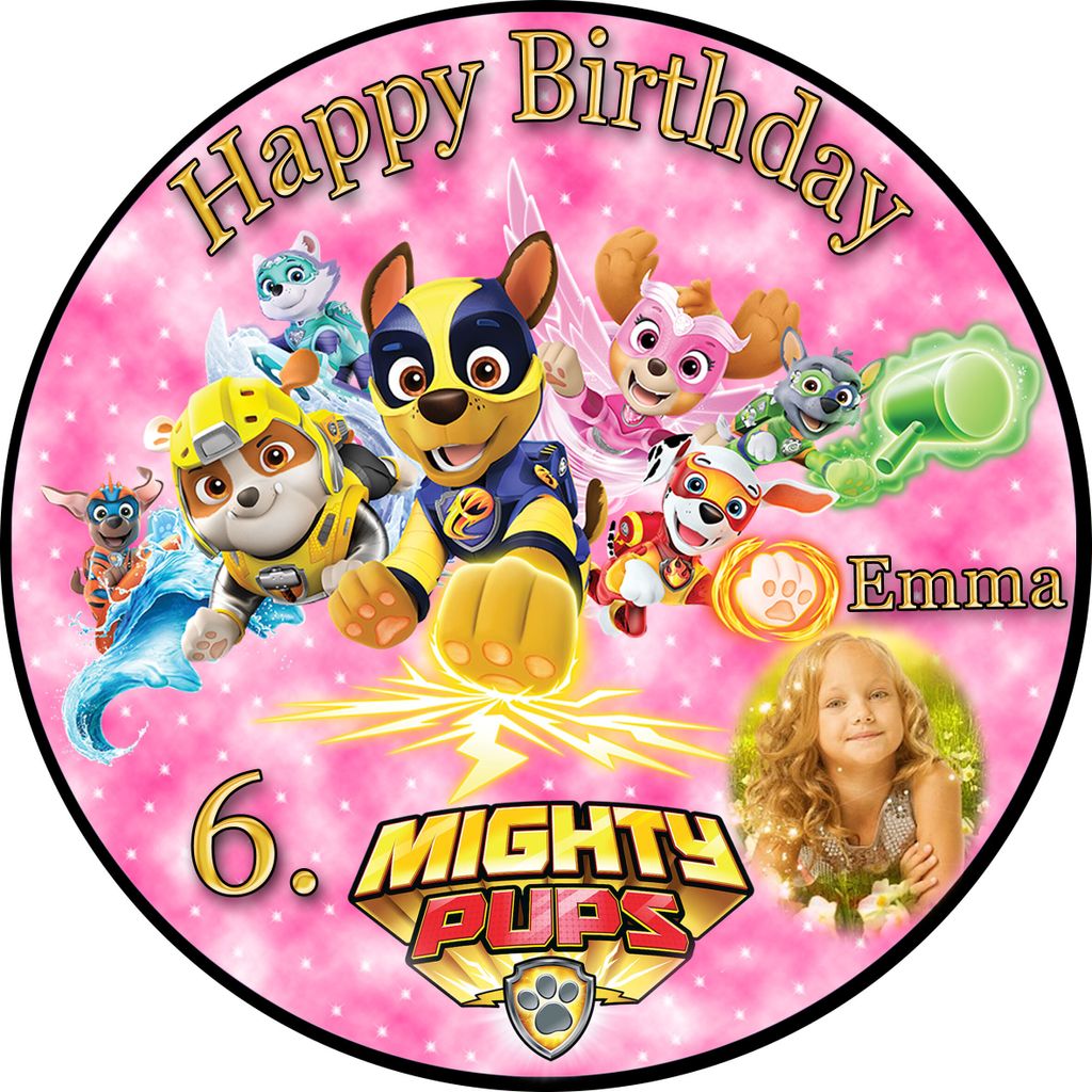 Tortenaufleger Fototorte Tortenbild Kindergeburtstag Paw Patrol Mighty Pups PP04 (Zuckerpapier) Rund 14 cm Ø mit Foto Pink