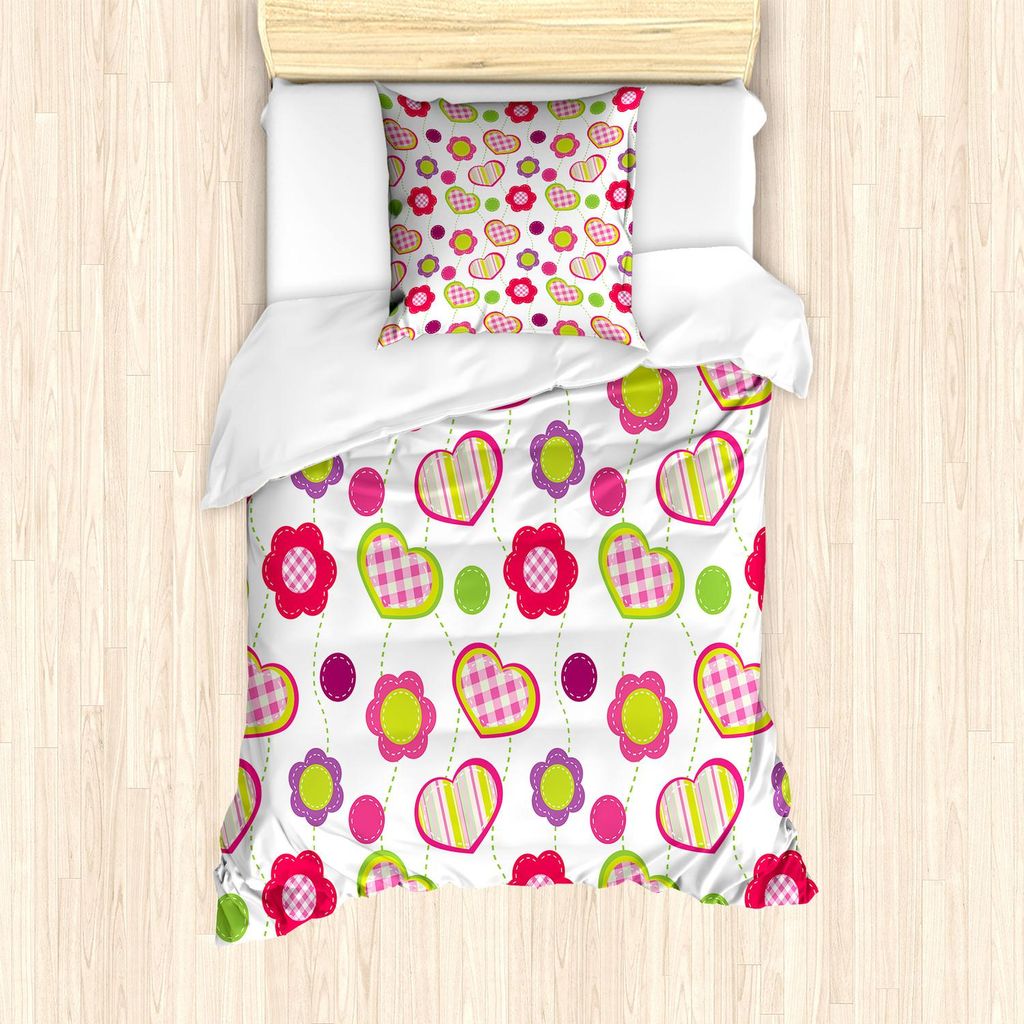 ABAKUHAUS Blume Bettbezug Set, Blumen Stiche Überprüft Linien Streifen Herz Runde Formen Craft Patchwork Art, 135 x 200 cm + 80 x 80 cm, Lila Rot