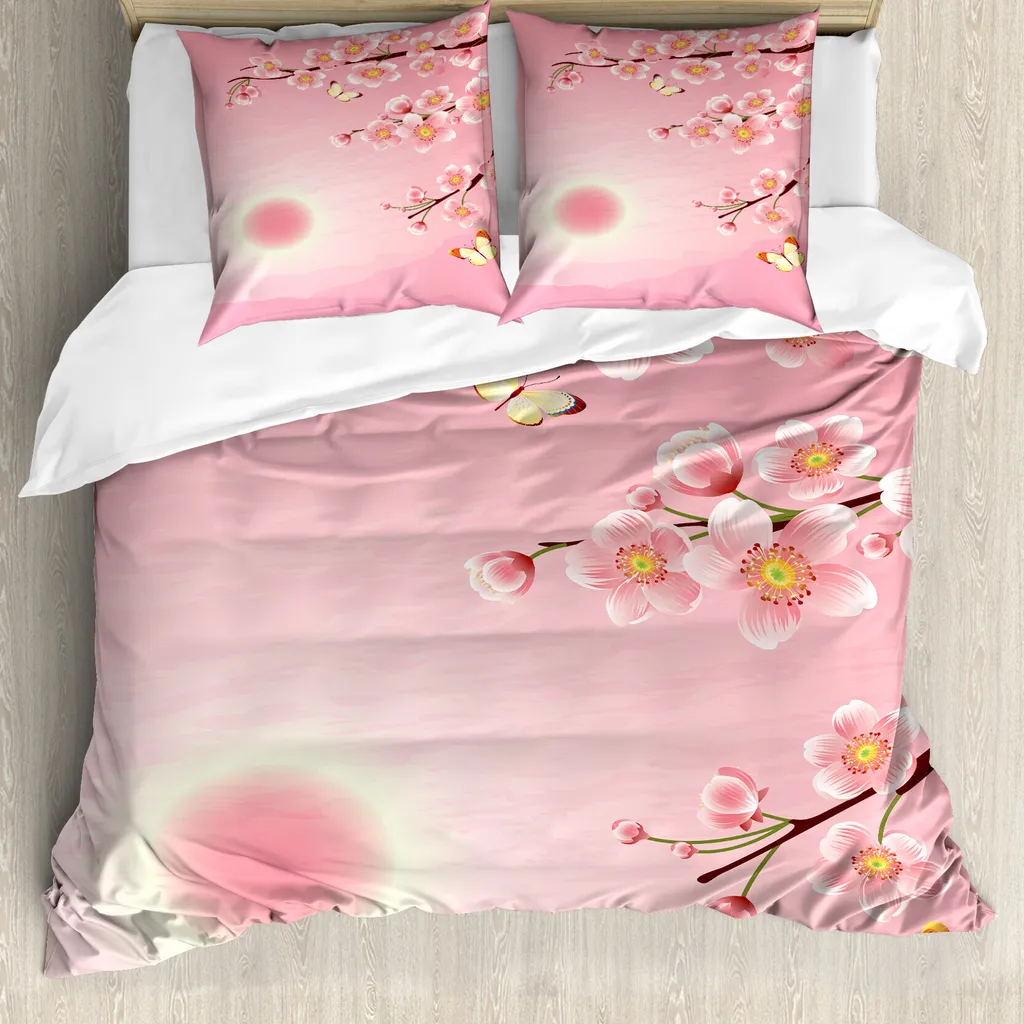 ABAKUHAUS Copripiumino asiatico, albero dei fiori naturale, antiacaro, adatto a chi soffre di allergie, con federe, 155 cm x 220 cm - 80 x 80 cm, rosa giallo