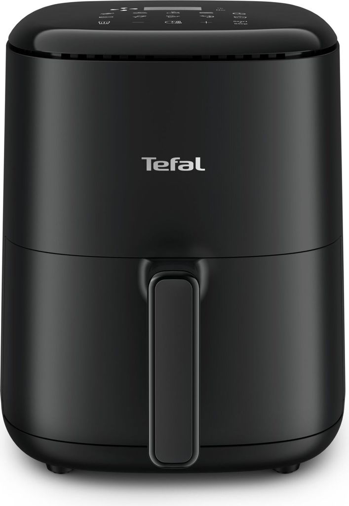 A black Tefal Easy Fry Compact air fryer is shown from the front.