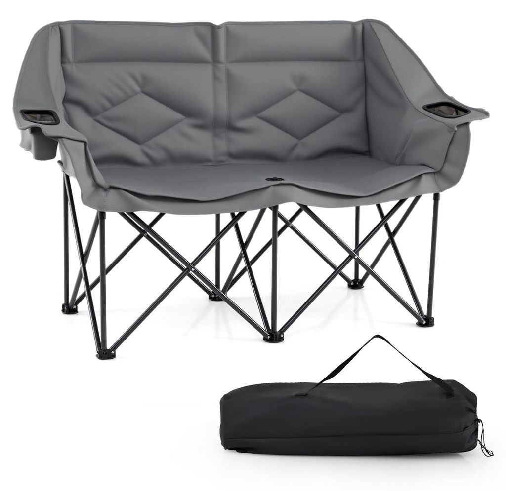 COSTWAY Campingstuhl faltbar für 2 Personen, XXL Campingsofa bis 300kg mit Getränkehaltern, Glashaltern & Netztaschen, gepolsterter Klappstuhl Grau