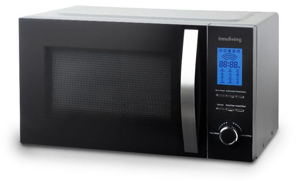 Innoliving Mikrowelle mit Grill INN-862S 23 l, 800 W, 5 Leistungsstufen, 60-Minuten-Timer, Edelstahl, Schwarz/Silber