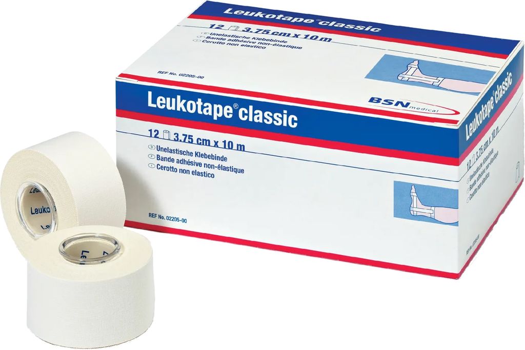 A box of Leukotape classic and two rolls of tape.