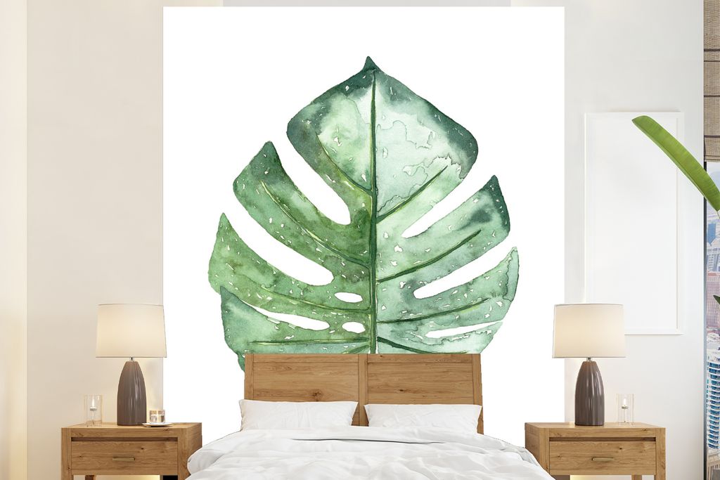 MuchoWow Fototapete für Wohnzimmer oder Schlafzimmer Wandtapete Vinyl Motivtapete Aquarell - Blatt - Pflanze - 195x240 cm - Gemusterte