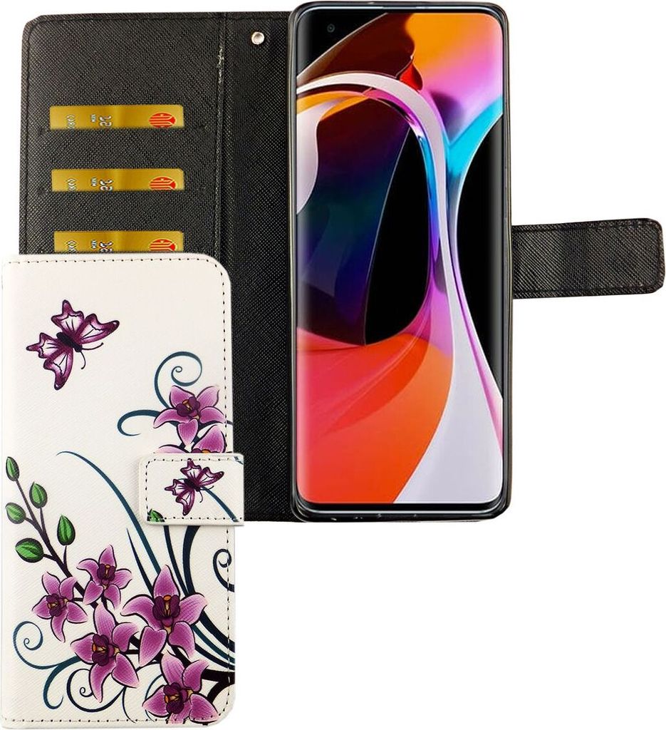 Xiaomi Mi 10 Tasche Handy Hülle Schutz-Cover Flip-Case mit Kartenfach, Farbe:Lotusblume Weiß