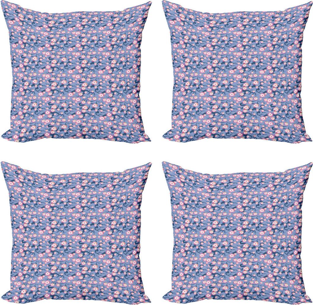 ABAKUHAUS Kirschblüte Kissenbezug Set (4 Stück), Art Deco-Skala, Moderner Doppelseitiger Digitaldruck, 40 cm x 40 cm, Rosa und Violett Blau