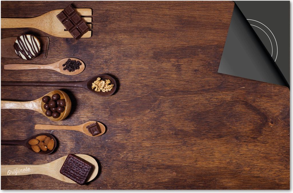 Induktionsschutz 59x52 - abdeckplatte Induktion matt- Dietrix Kochfeldschutz- Base - Kaffee und Schokolade - Schokoladenlöffel auf Holz