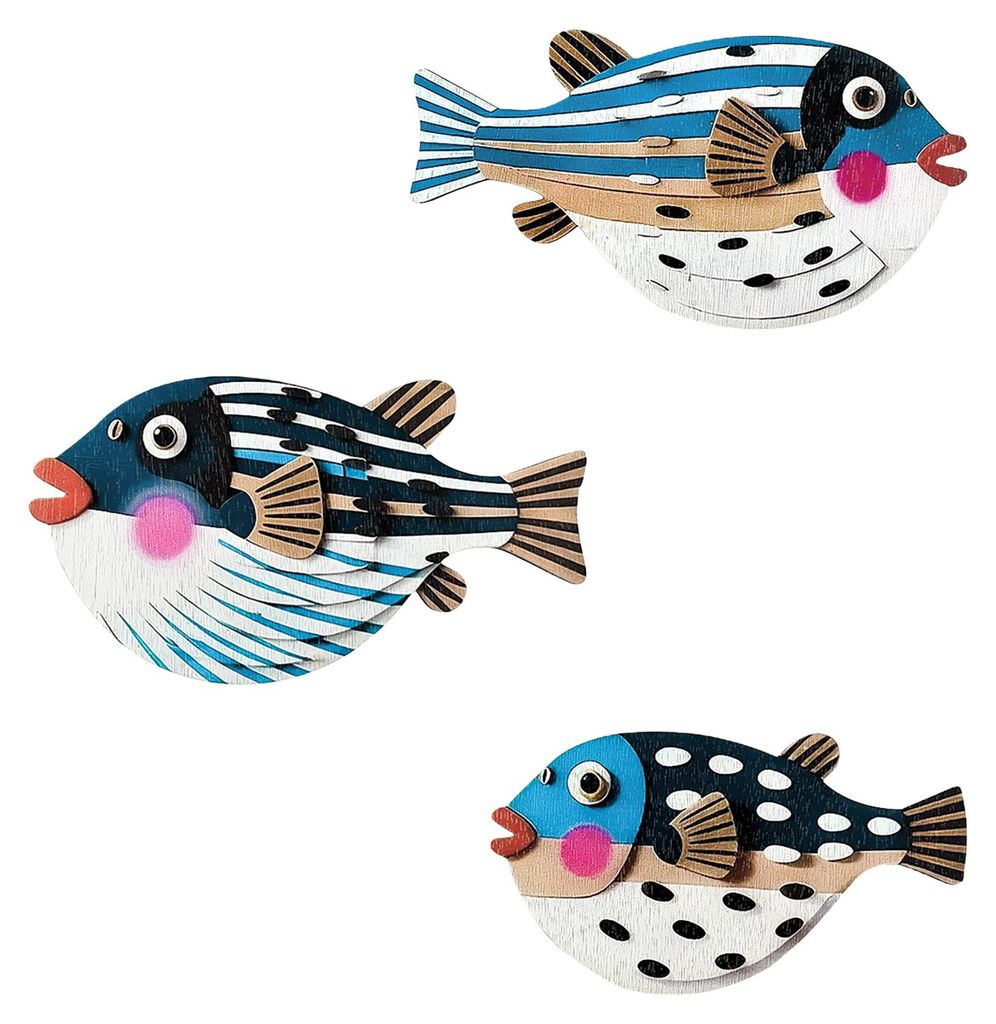 3-teiliges Set Wanddekoration Kugelfische aus Holz, niedliche dekorative Kugelfische im rustikalen Cartoon-Stil, Wanddekoration für Wohnzimmer, Sc...