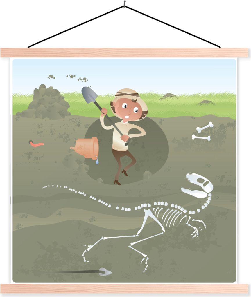 MuchoWow Textilposter Dinosaurier - Skelett - Archäologie - Zeichnung - Kinder - Baby - Kinder 120x120 cm mit holzfarbenen Rahmen - Textil-Poster