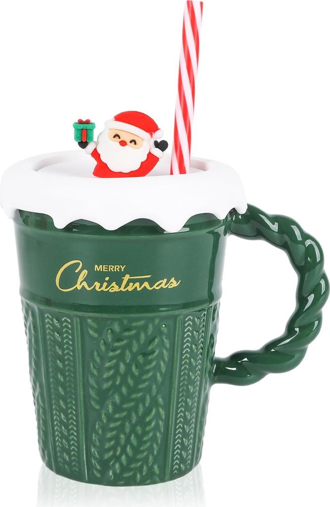 Weihnachten Kaffeetasse 400 ml Weihnachten Keramik Kaffeetasse Teetasse Milch Tasse mit Deckel und Strohhalm, Grün, 1 Stück