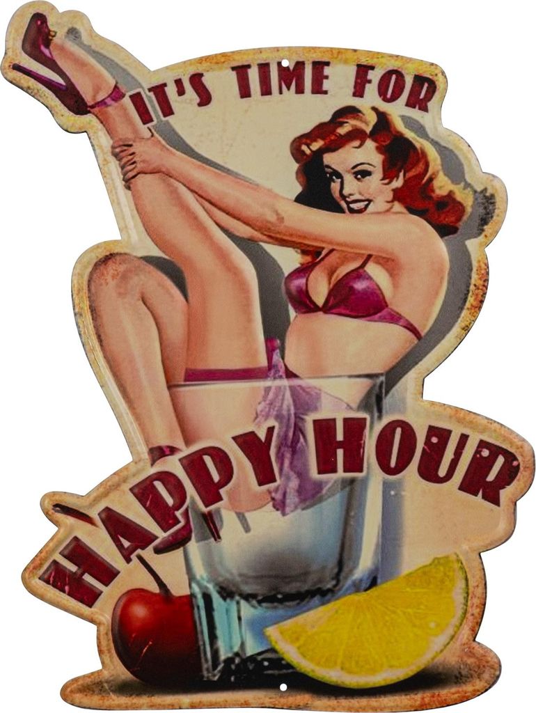 Moritz Blechschild 32 x 45 cm Happy Hour Drinks Cocktail Bar Lady Deko Metallschild Retro Vintage Retro Sprüche lustig
