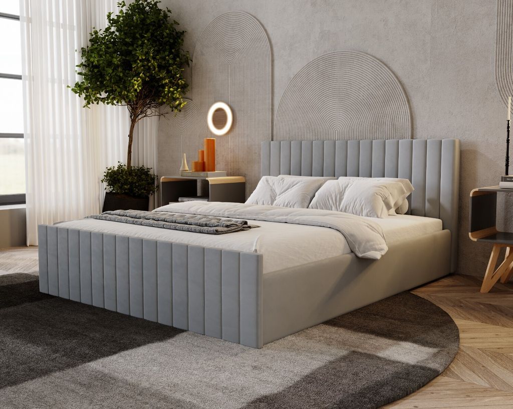 Łóżko tapicerowane | NAOMI SLIM 140x200 | pojemnik na pościel | drewniana rama | materiałem AMOR VELVET | szary