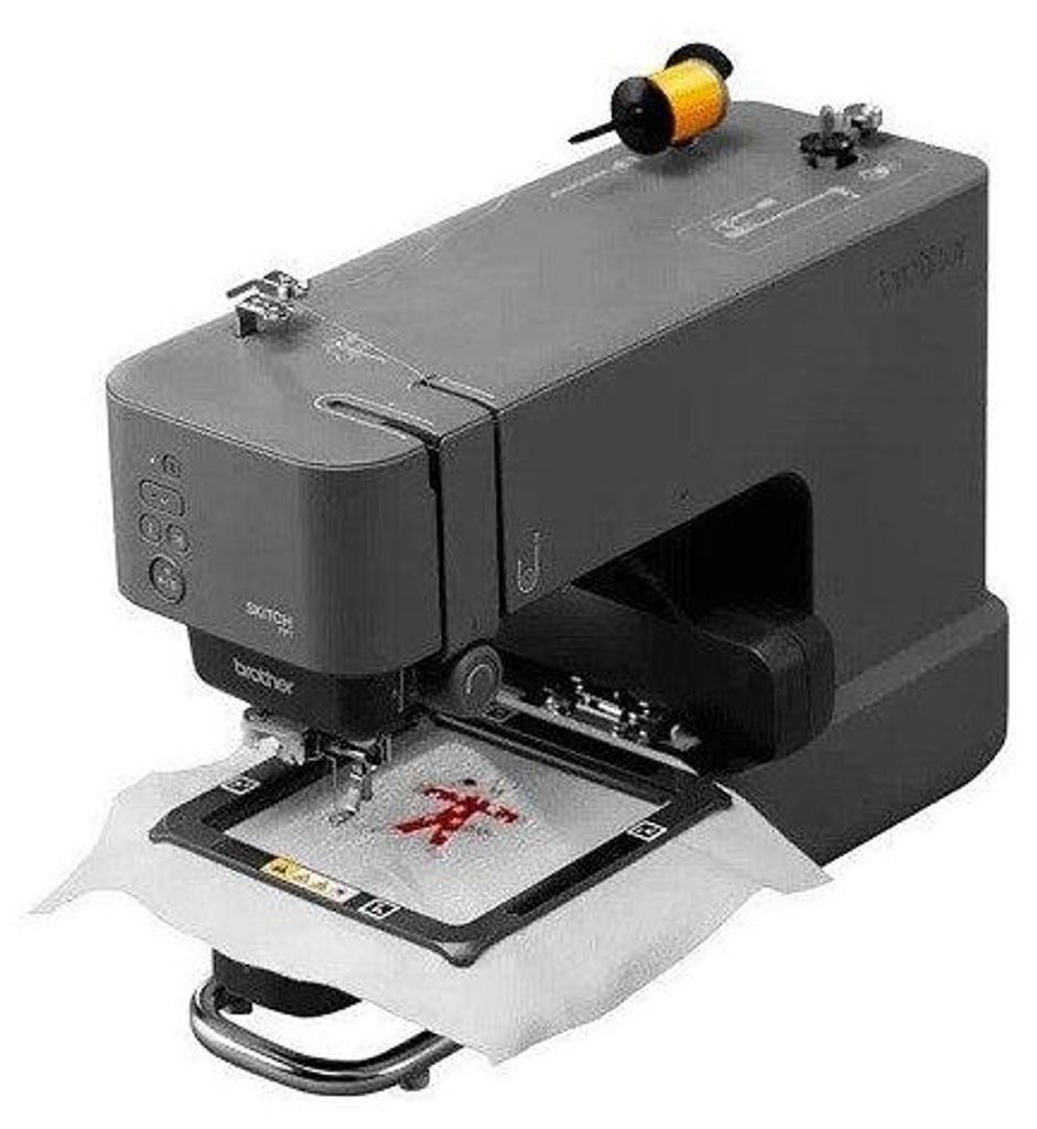 A close-up, studio shot of a Brother embroidery machine with a spool of yellow thread on top.