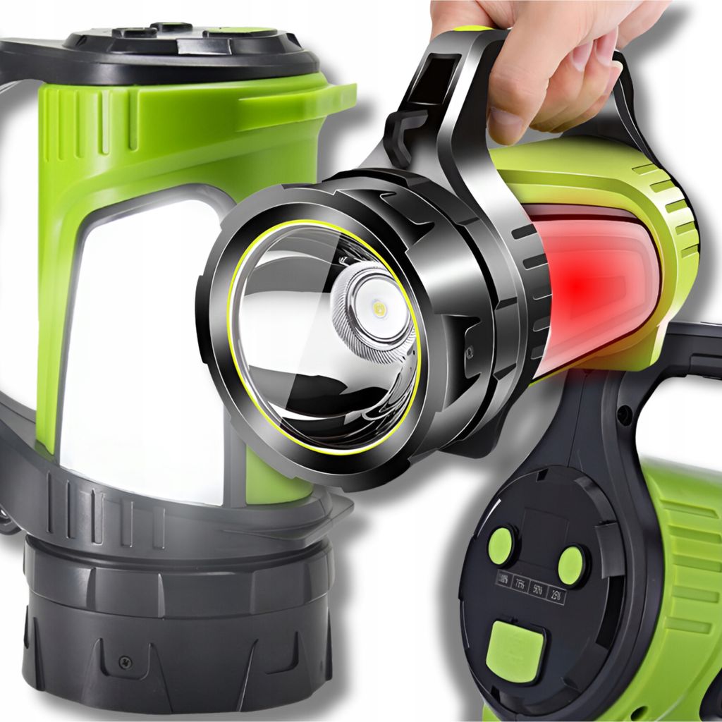 A collage of images showing different angles and features of a green and black flashlight.