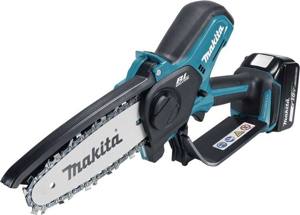A cordless chainsaw with a battery pack attached, shown against a white background.
