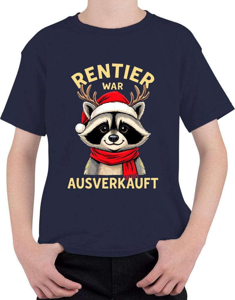 Rentier war t Waschbär Weihnachten lustig Geschenk Uni Kinder T-Shirt, Navy, 140