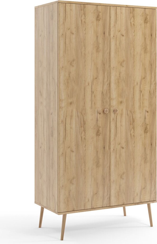 BETTSO Kleiderschrank 2-türig mit 2 Regalen und Kleiderstange – Eiche Craft – Schrank für Wohnzimmer und Schlafzimmer 100 x 202 cm IKON – J...