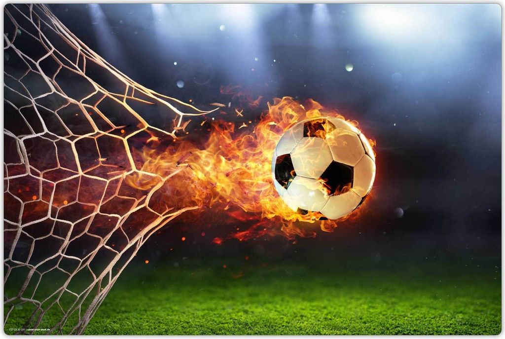 Schreibtischunterlage für Kinder - abwaschbar – Flammender Fußball Tor – 60 x 40 cm – aus premium Vinyl - Germany - Jungs & Mädchen
