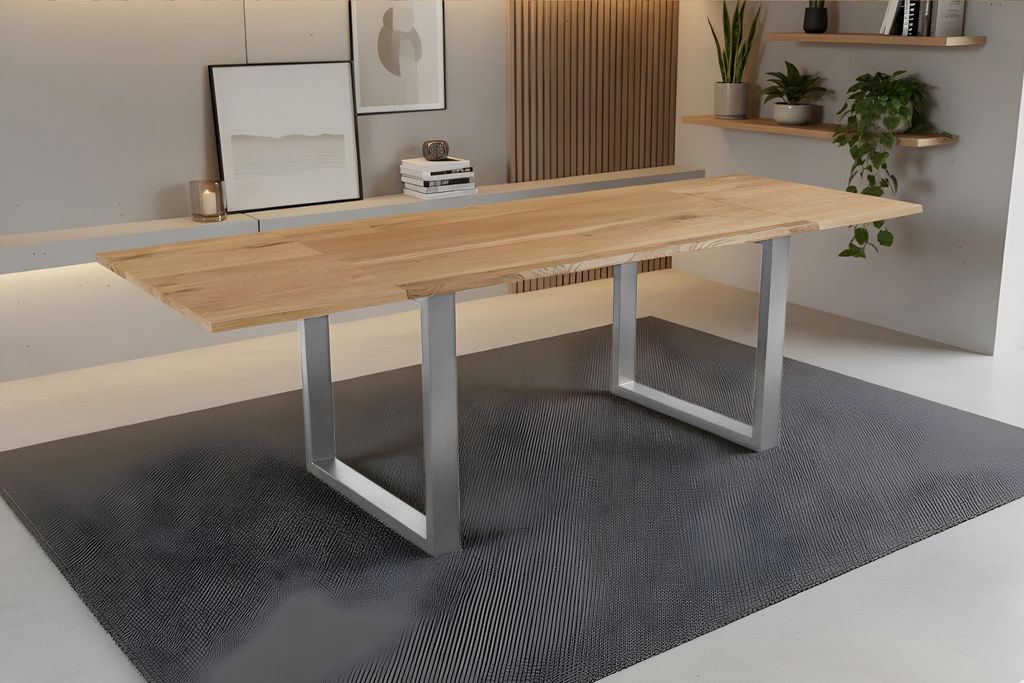 Esstisch 160(260)x85 cm mit Ansteckplatten Baumkante Wildeiche massiv U-Gestell silber SERRA