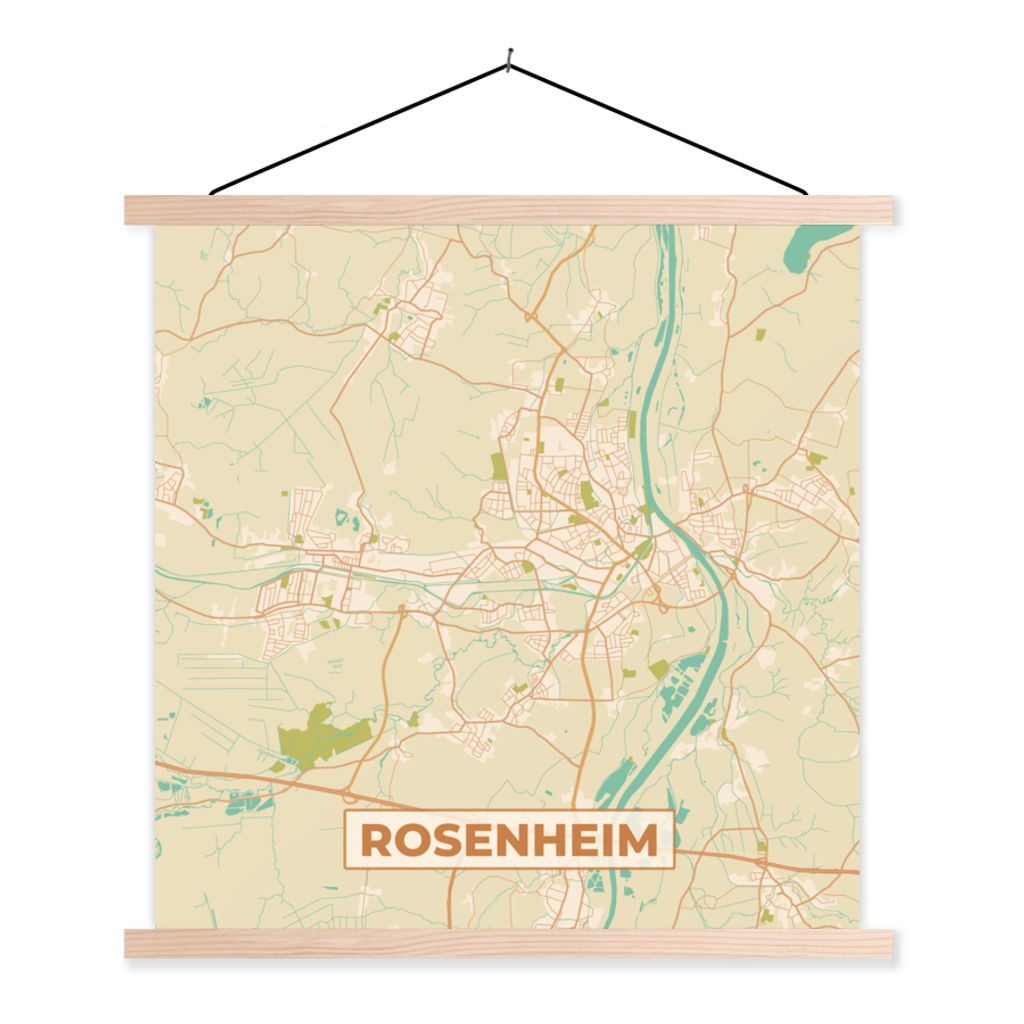 MuchoWow Textilposter Rosenheim - Karte - Vintage - Stadtplan 120x120 cm mit holzfarbenen Rahmen - Textil-Poster