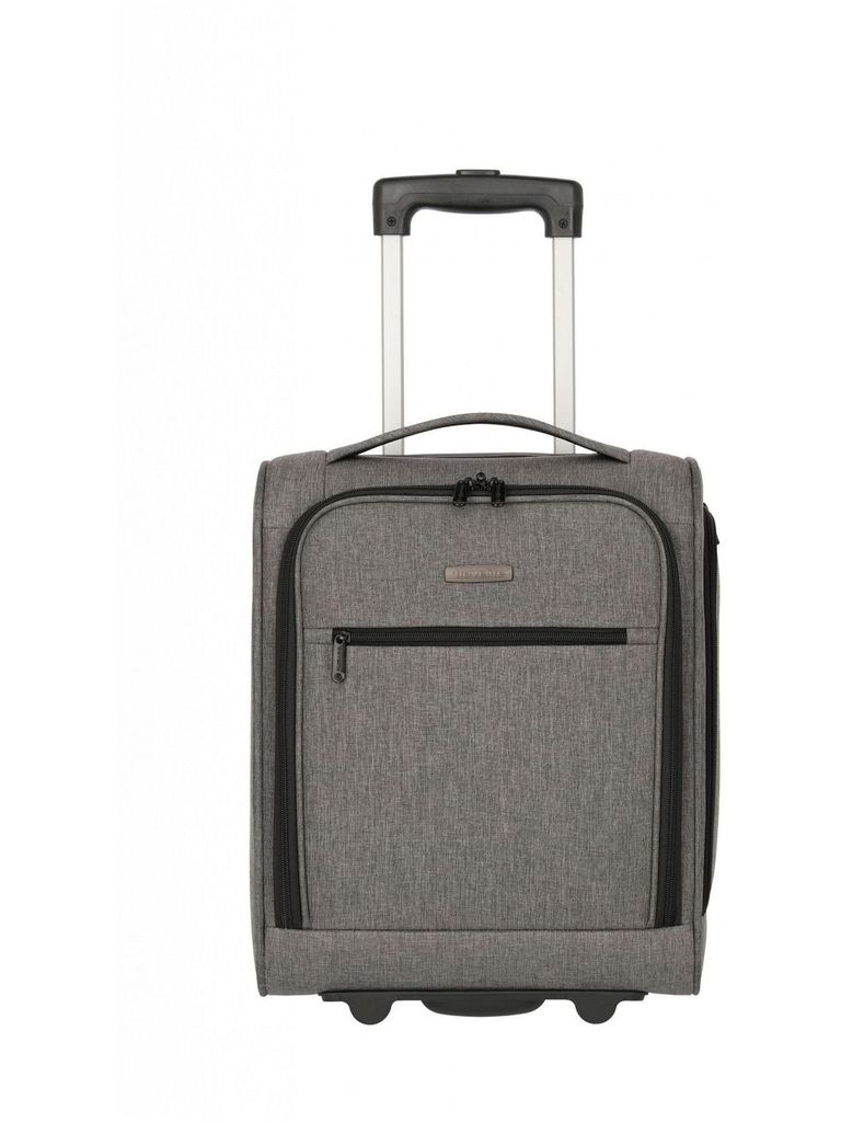 A gray travel trolley with a retractable handle and wheels, shown against a white background.