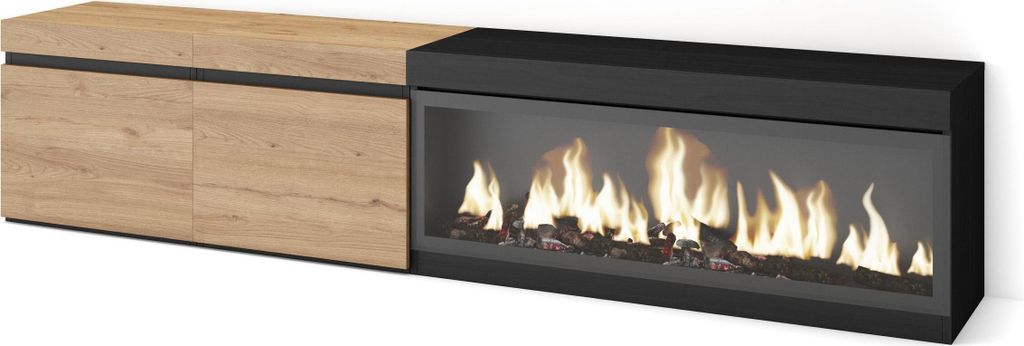 TV-Schrank, Lowboard, 208x35x45cm, Für TV-Geräte bis zu 80", Elektrokamin XXL, Eiche Schwarz