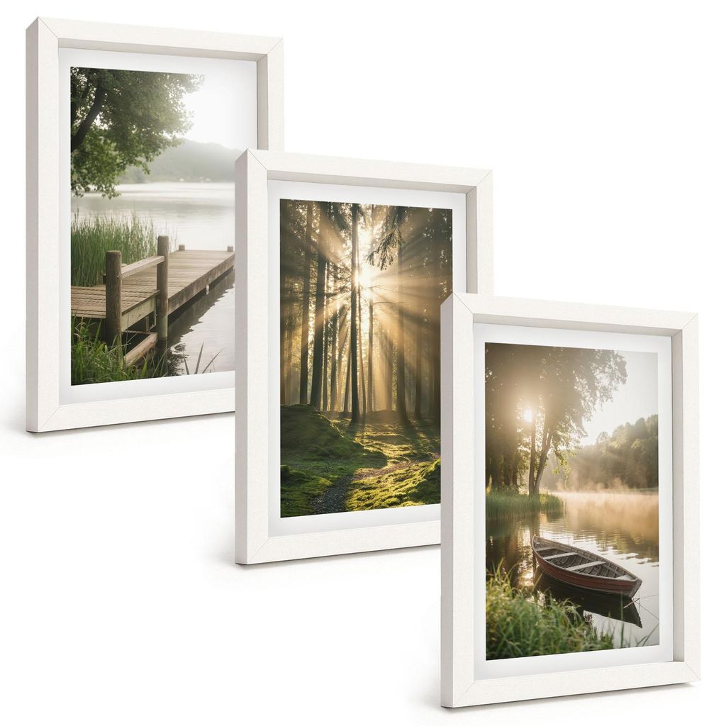Bilder Set 3-teilig im weißen Rahmen – Wandbilder 3 Stück – gerahmte Poster für Wohnzimmer, Schlafzimmer und Flur – 20x30 cm – See, Wald...