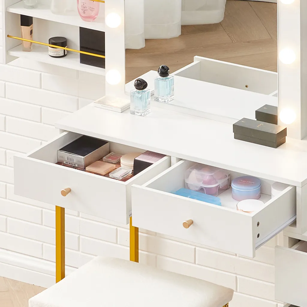Coiffeuse CLIPOP blanche avec LED miroir et 5 tiroirs de rangement - 8