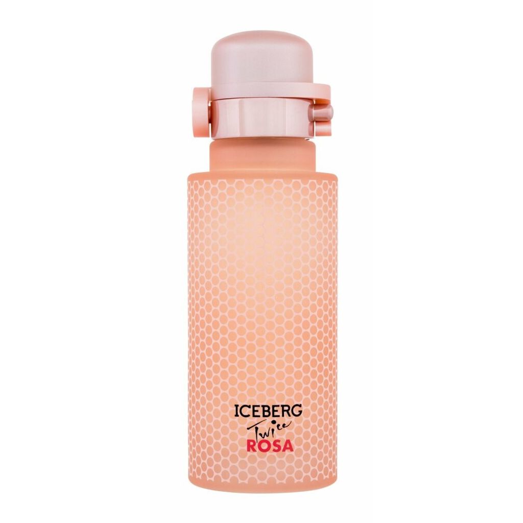 A pink perfume bottle with a honeycomb pattern on a white background.