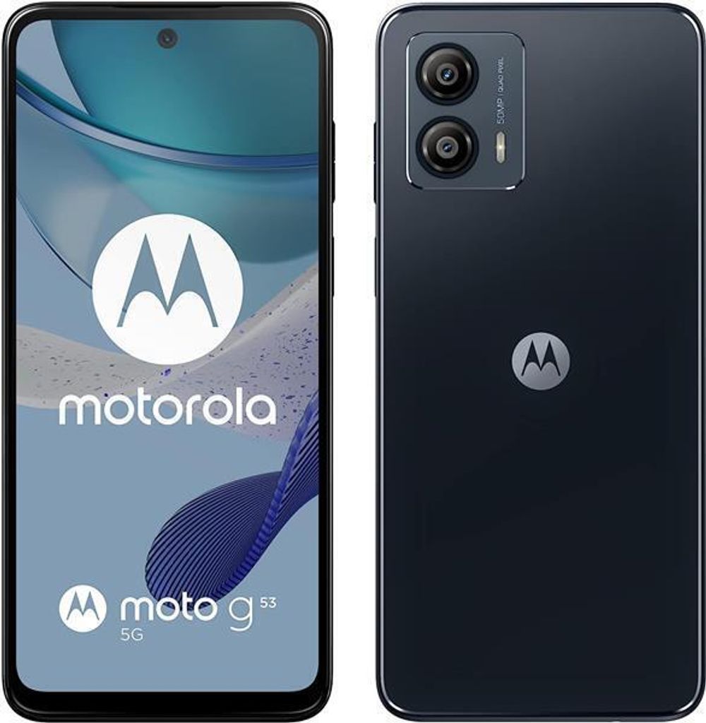 A product shot of a Motorola smartphone, showing both the front and back views.