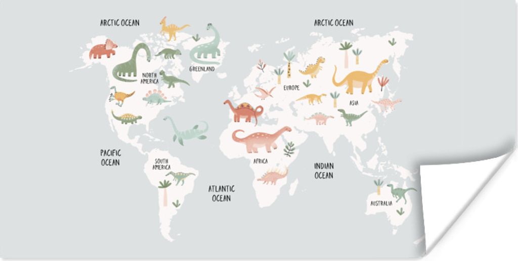 MuchoWow Poster Karte - Dino - Grau 150x75 cm - ohne Rahmen