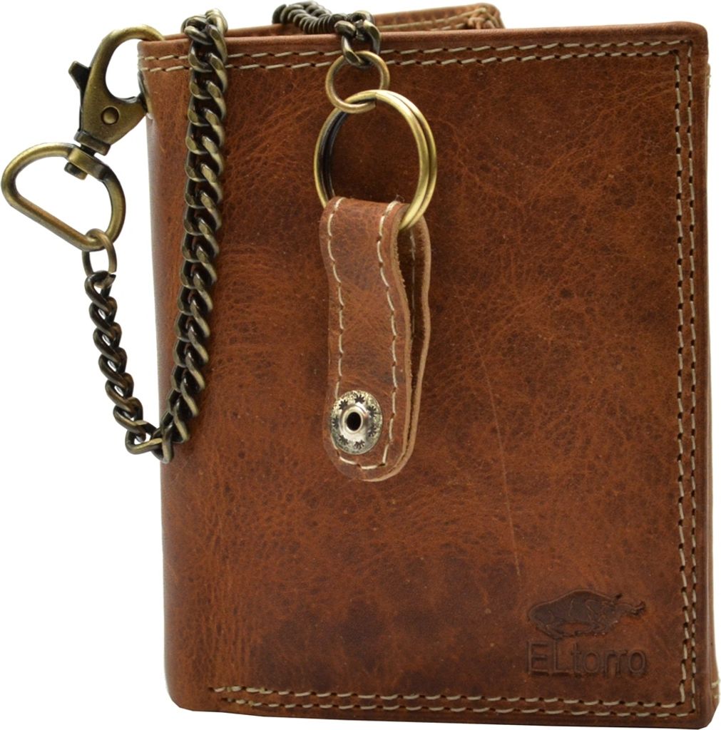 flevado Vintage Voll Leder Herren Portemonnaie Geldbörse Hand Made Kettenbörse und RFID Schutz Braun ELtorro