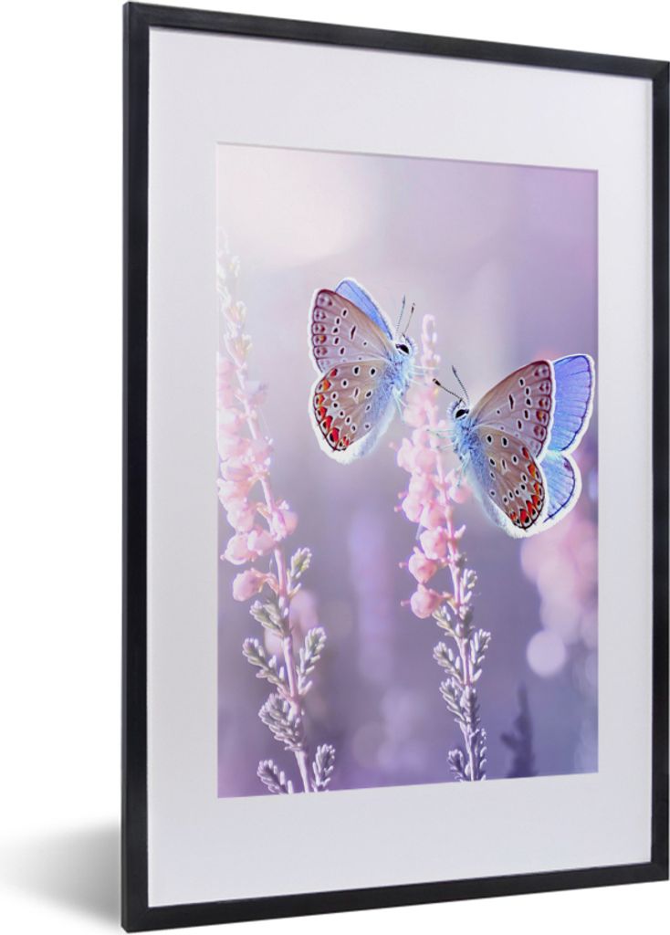 MuchoWow Gerahmtes Poster Schmetterling - Lavendel - Blumen - Lila 40x60 cm - Poster mit Schwarzem Bilderrahmen Wandposter Rahmen Foto Bilder - P...