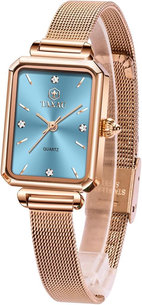 Damenuhr Eckig Armbanduhr Damen mit Edelstahl Mesh Armband Rechteckig Uhr Damen Mode Damenarmbanduhr Rosegold Wasserdicht Elegant Quarzuhr