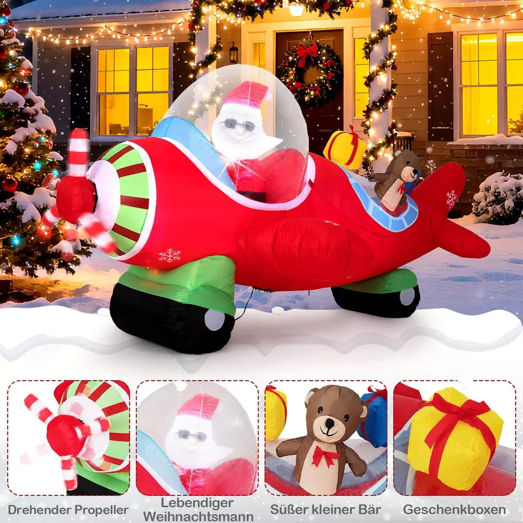 Père Noël gonflable avion lumineux LED 220 cm résistant extérieur