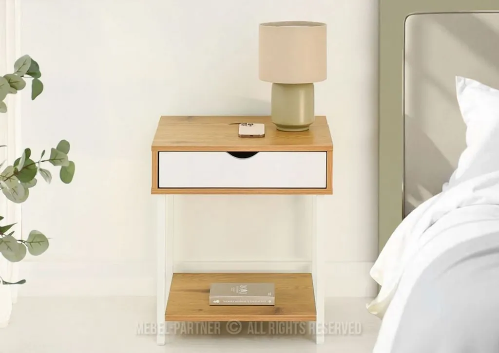 Table de chevet DILMAR en bois et blanc - Finition Chêne de Qualité