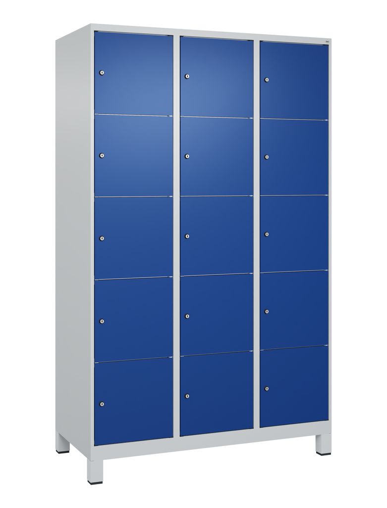 Fächerschrank, BxTxH 1200x500x1950 mm, 3x5 Fächer, Abt.B 400 mm, Füße, Schloss, glatte Türen, RAL 7035/5010
