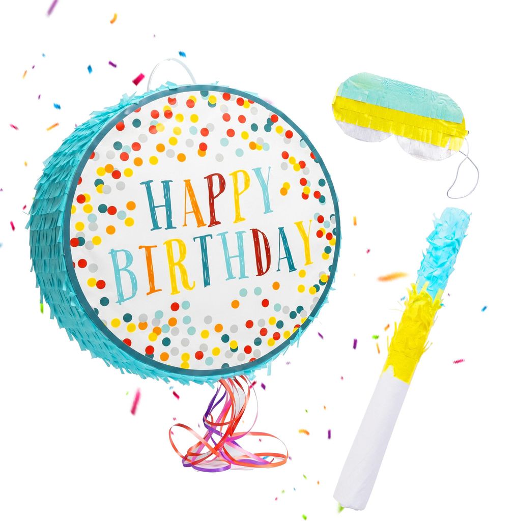 Relaxdays Pinata Geburtstag, mit Stab & Maske, Partypinata Kinder, Geburtstagspinata, zum Befüllen, DxT: 40x9 cm, bunt