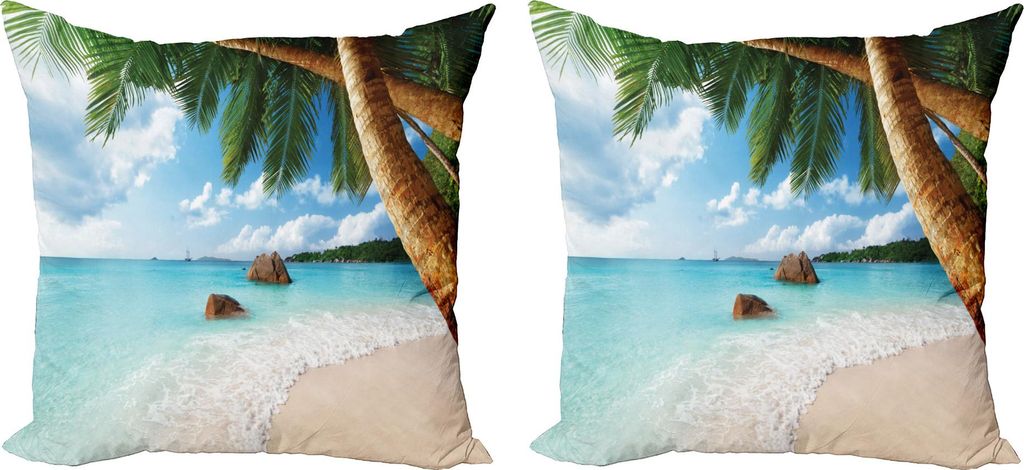 ABAKUHAUS Strand Kissenbezug Set (2Stück), Grünes Palmen-klares blaues Wasser Sandy Exotic Seashore Rocks und Hügel im Abstand, 40 x 40 cm, Mehr...