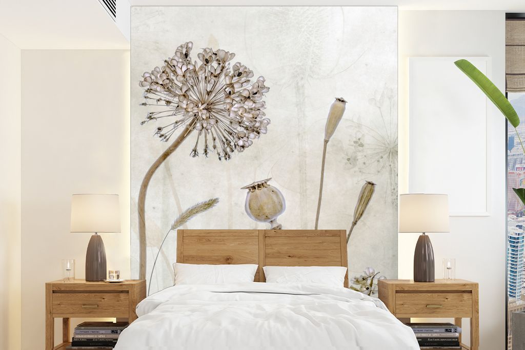 MuchoWow Fototapete für Wohnzimmer oder Schlafzimmer Wandtapete Vinyl Motivtapete Blumen - Aquarell - Stilleben - Braun - Vintage - 160x220 cm -...