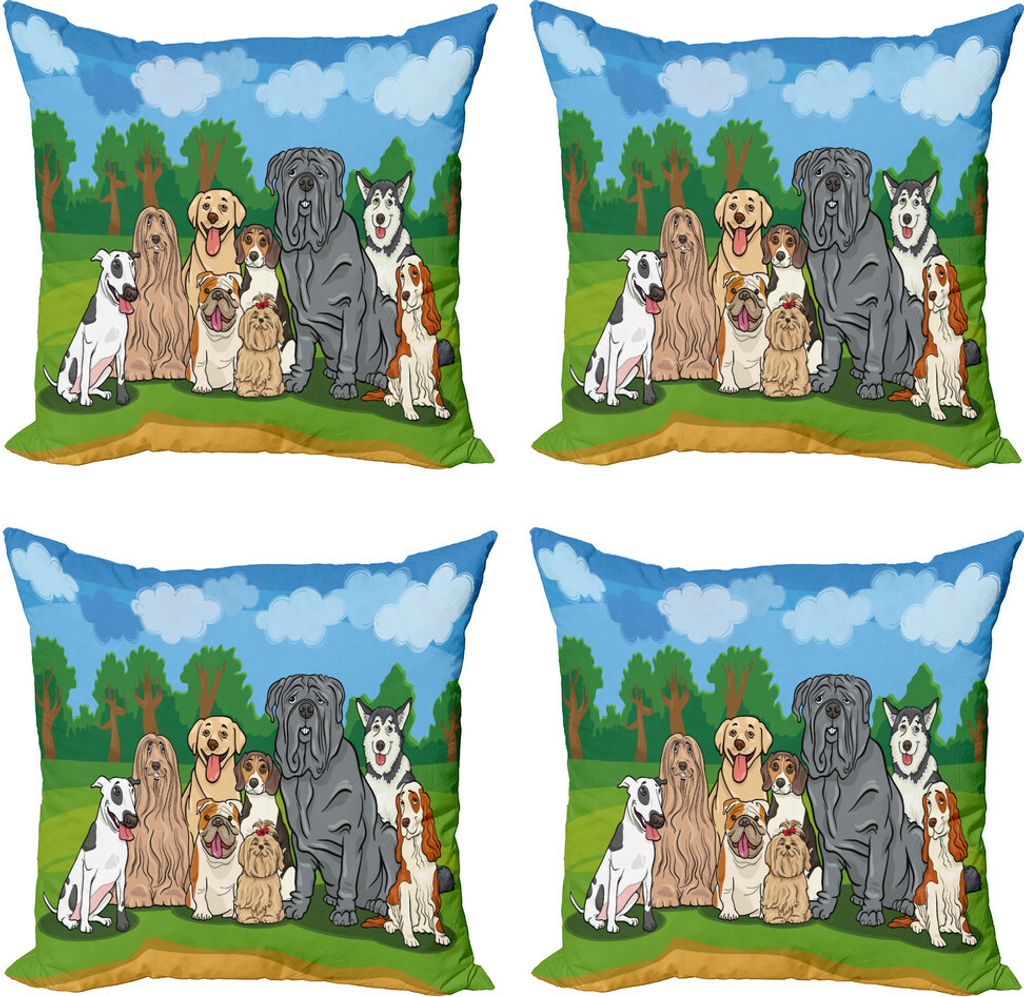 ABAKUHAUS Hundeliebhaber Kissenbezug Set (4 Stück), Parklandschaft und Hunde, Moderner Doppelseitiger Digitaldruck, 45 cm x 45 cm, Azure Blau Almo...
