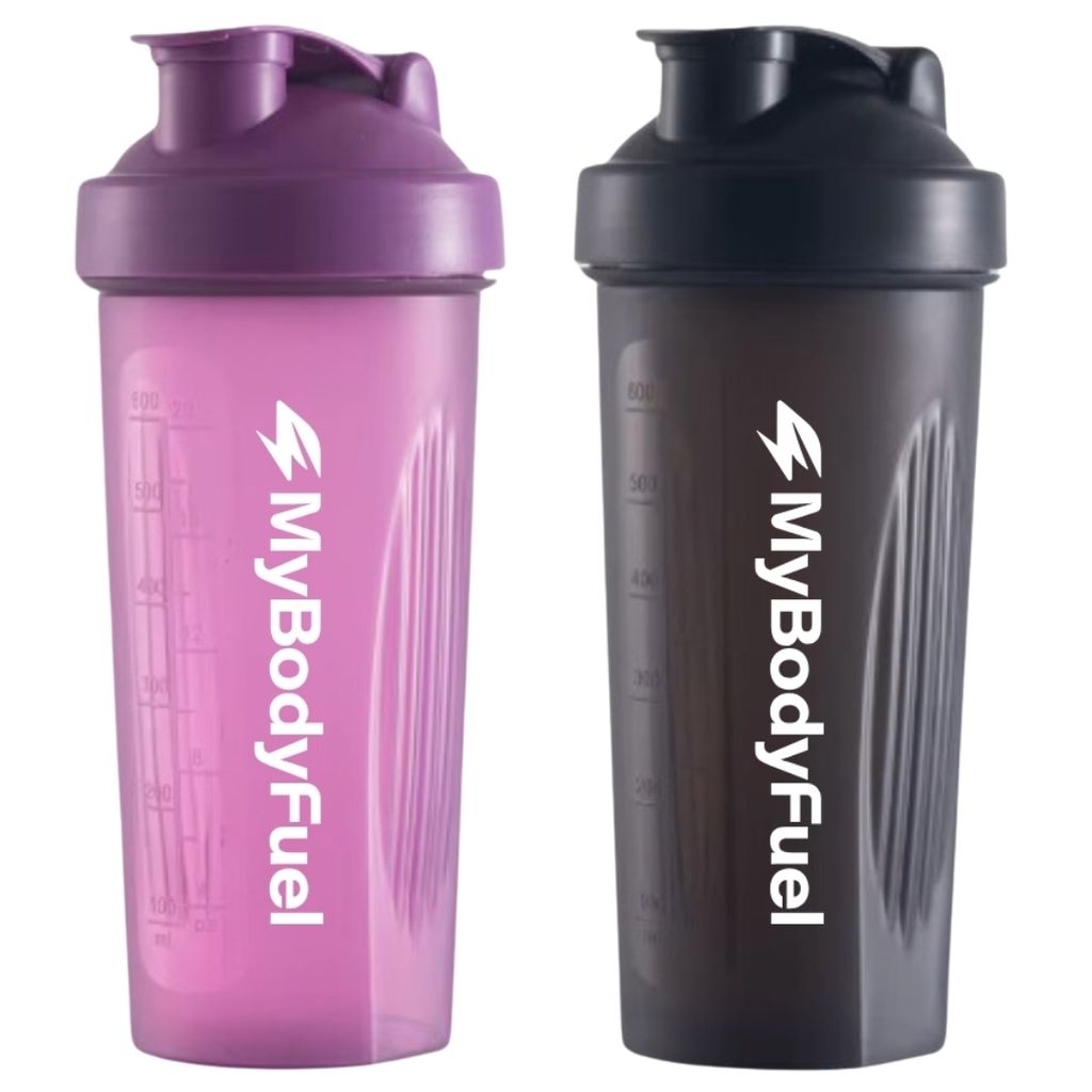 MyBodyFuel Shake Becher (2er Set) – Protein Shaker mit Mixfilter, 700 ml, BPA-frei – Für Smoothies & Proteinshakes (Lila/Schwarz)