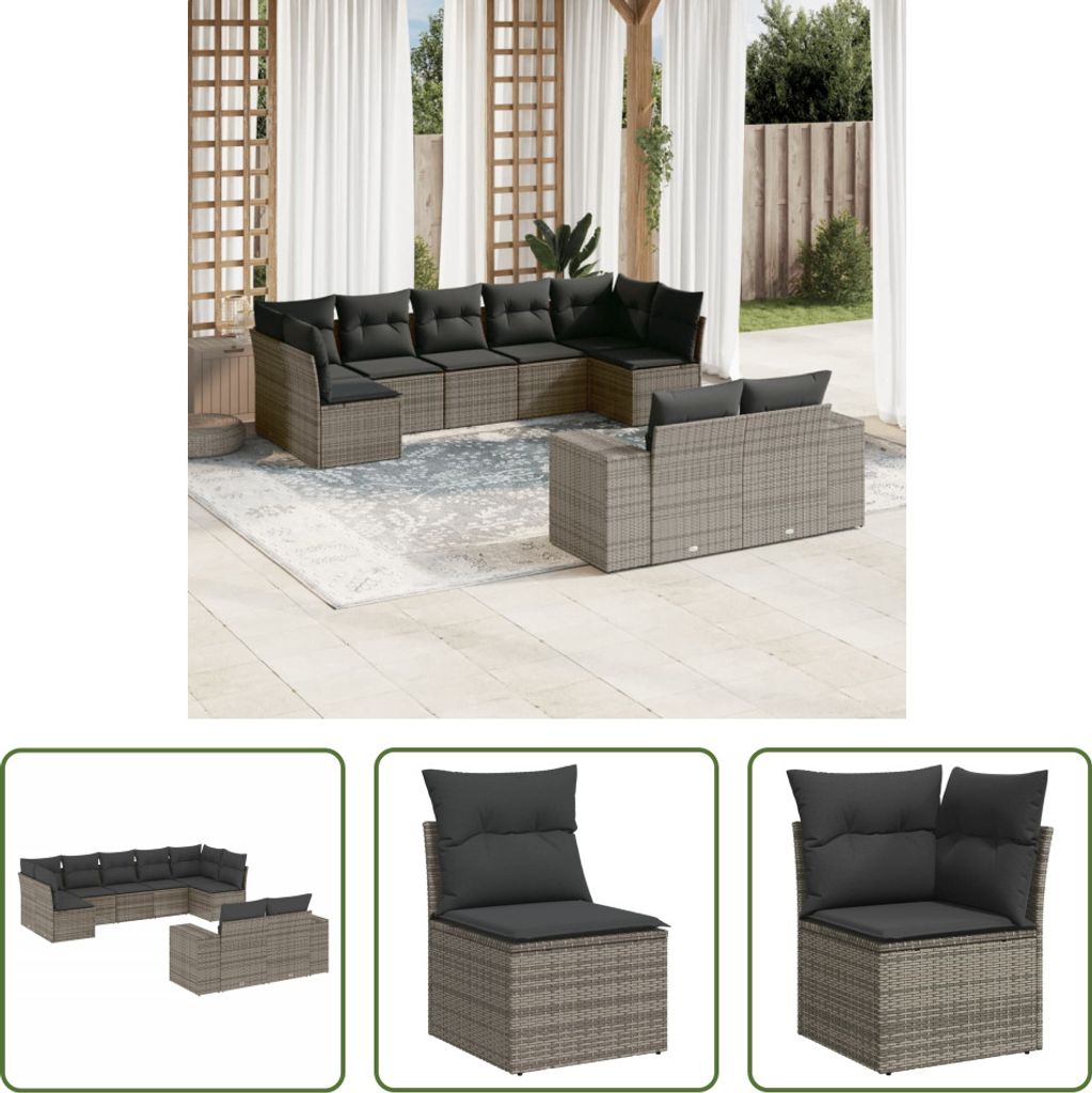 The Living Store 9-tlg. Garten-Sofagarnitur mit Kissen Grau Poly Rattan