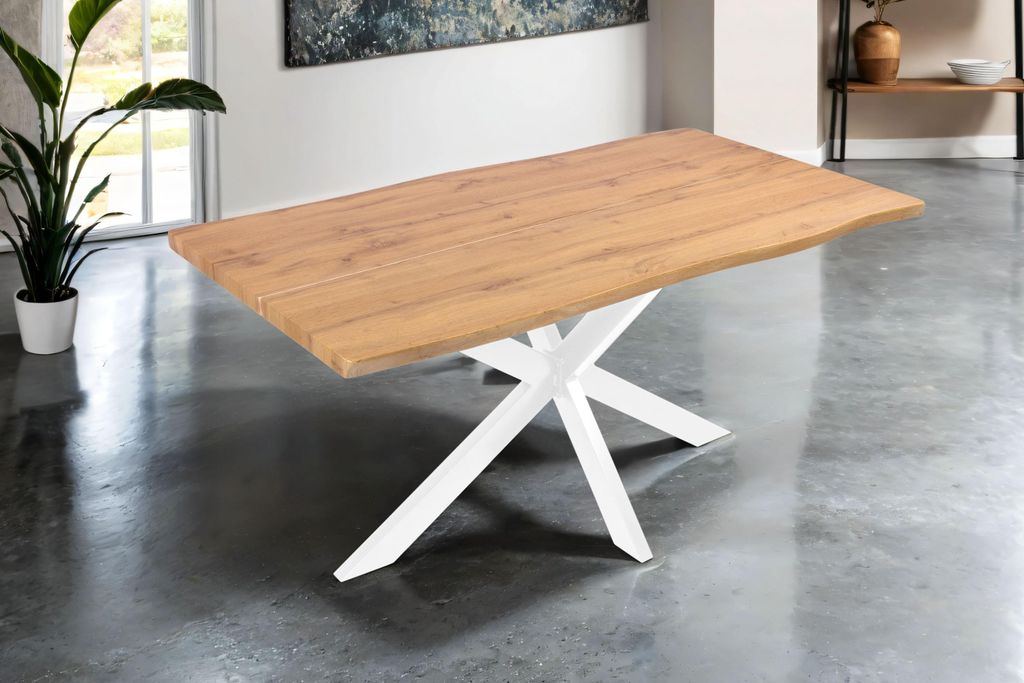 Esstisch Baumkante Holz-Optik Wildeiche 160 x 85 Spider-Gestell weiß DUA