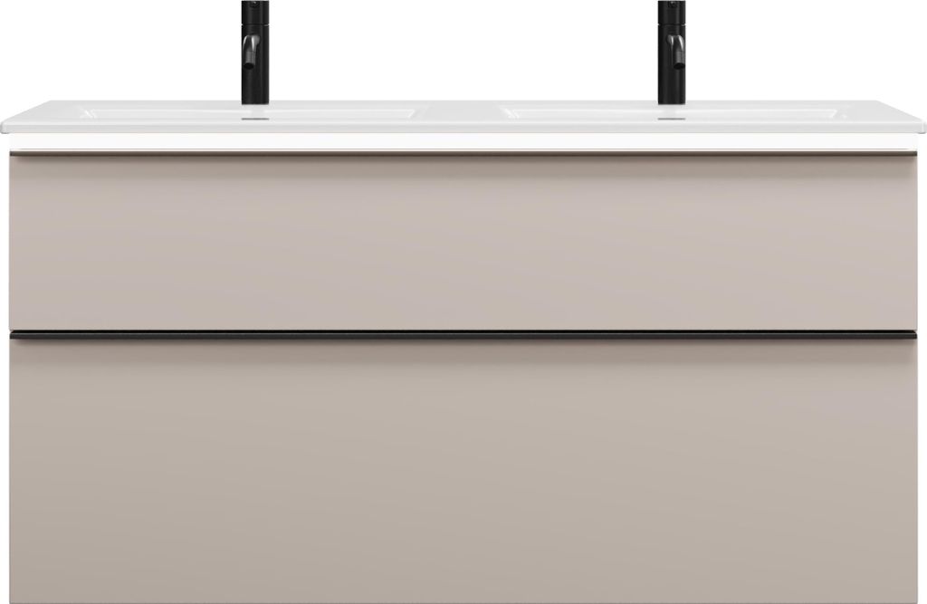 burgbad Eqio Slim Keramik-Doppelwaschtisch inklusive Waschtischunterschrank mit LED-Beleuchtung, mit 2 Schubladen, 1220x490x640mm, SHBY122F6583C000...